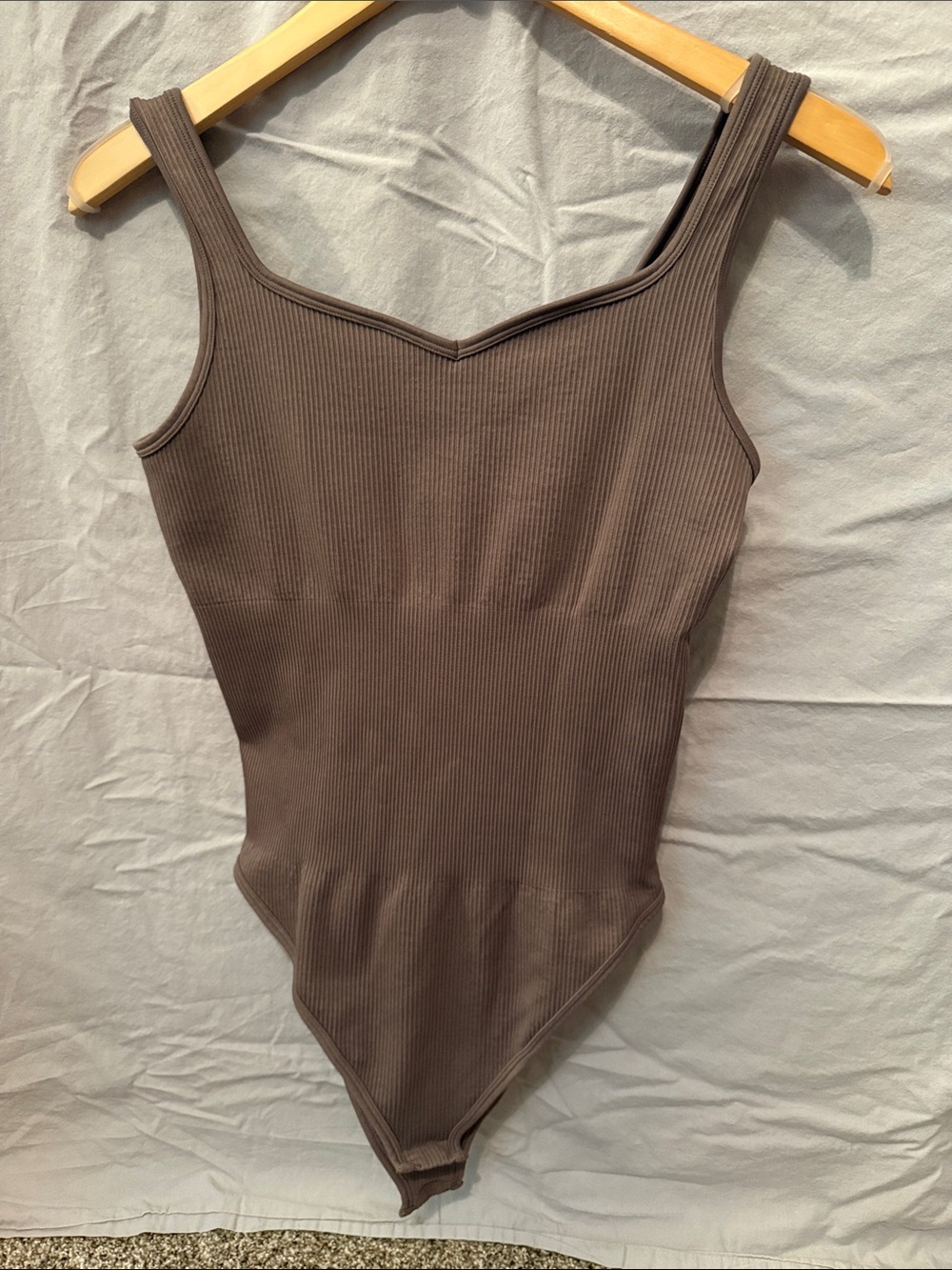 Ribbed V-Neck Bandeau Bodysuit in Chocolate Brown